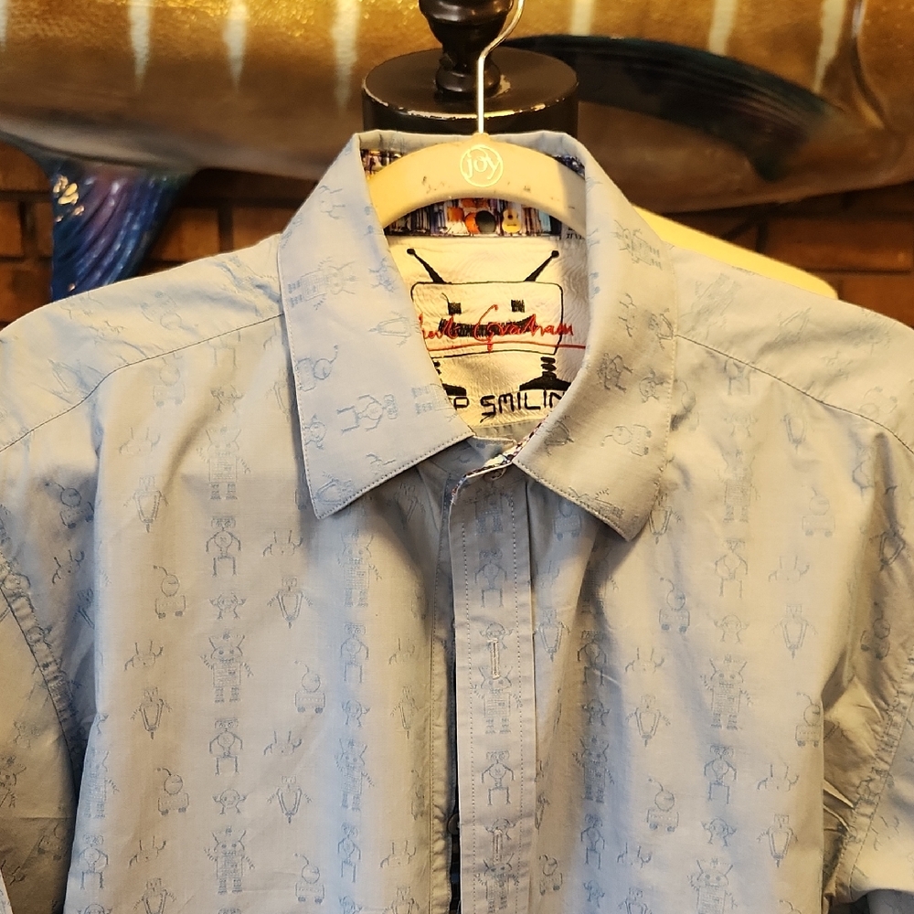 Robert Graham Musical Robots Themed Mens Dress Shirt Size XL Keep Smiling Blue